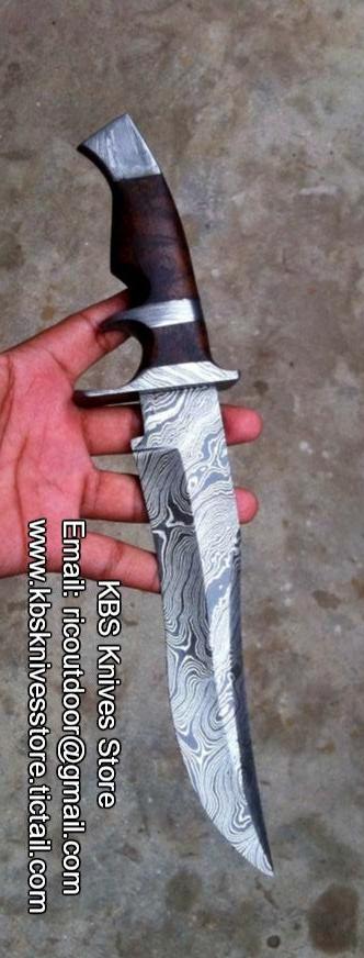 Premium Finger Hole Bowie Knife - Handcrafted Damascus Steel, Walnut Handle, 15