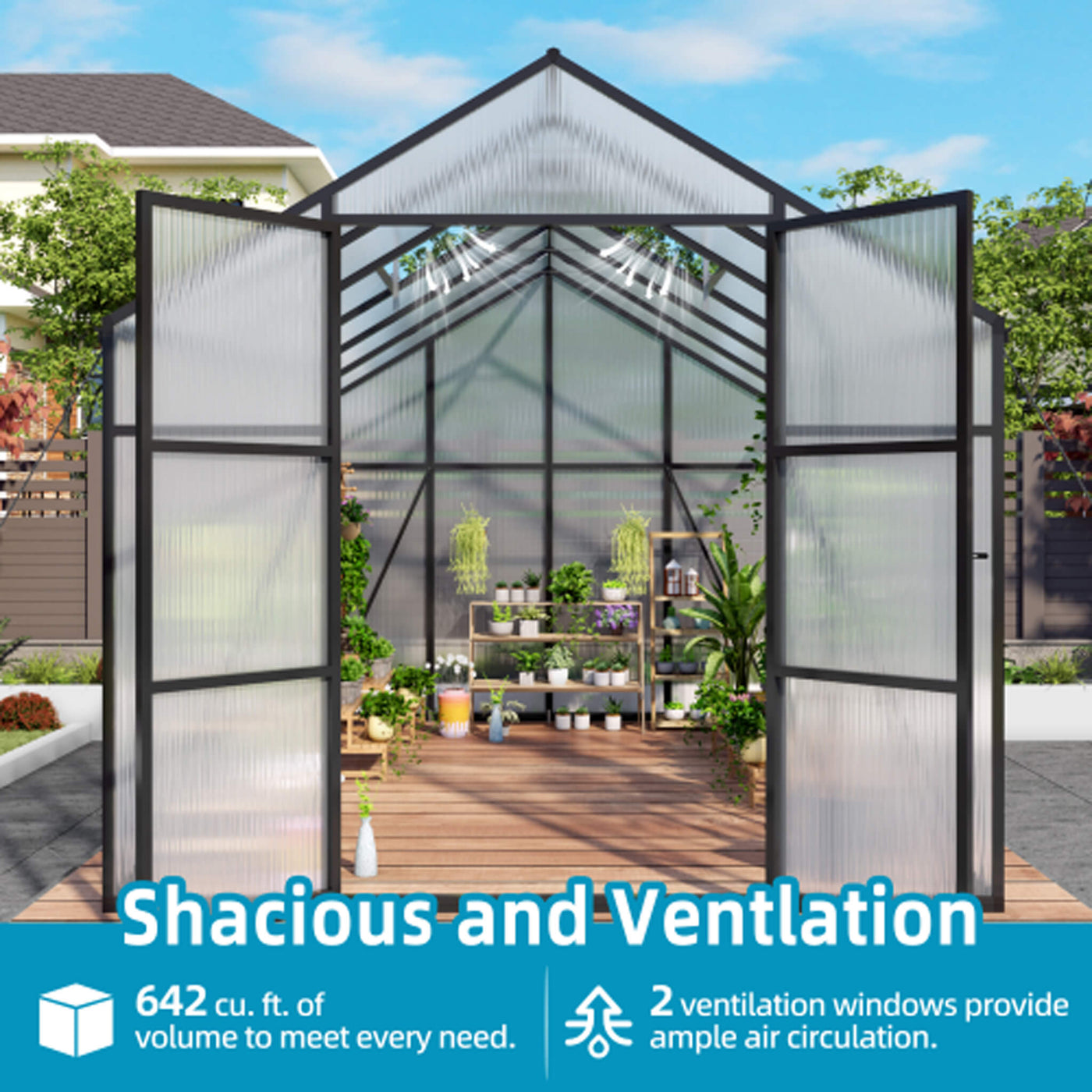 [08X12FT] All-Season Outdoor Backyard Polycarbonate Greenhouse With Raised Base And Aluminum Frame (SAK78614)