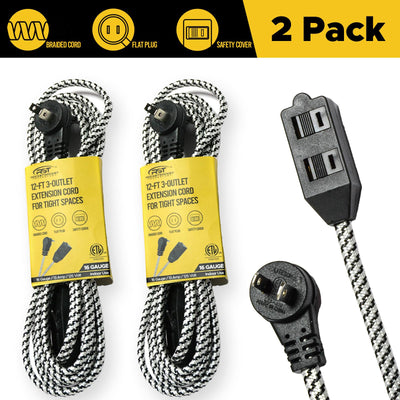 2-Pack 12ft Flat Extension Cord with Safety Covers, Braided Long Extension Cord with Flat Plug, 3-Outlet Power Strip, 16AWG, 1625W, ETL Listed by MyHackerTech