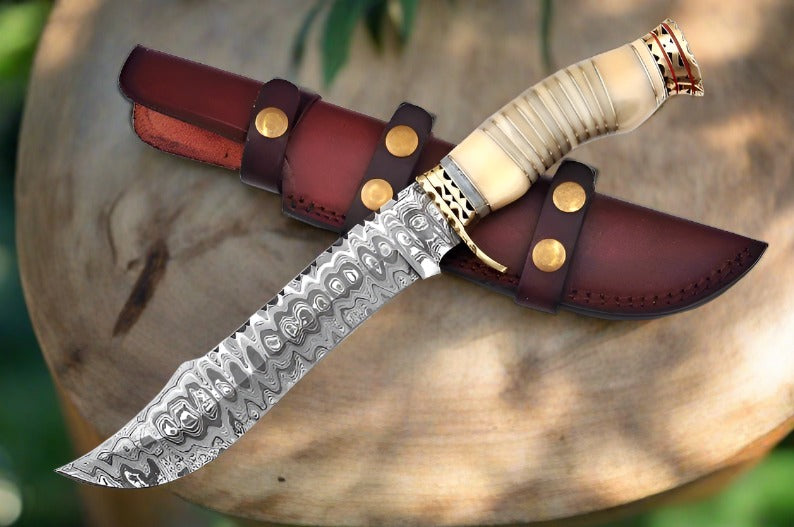 Premium Modern Bowie Knife - Damascus Steel Blade with Handmade Bone Handle and Brass Guard by MyHackerTech