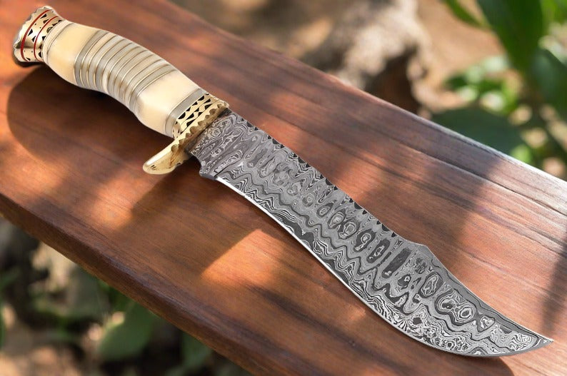 Premium Modern Bowie Knife - Damascus Steel Blade with Handmade Bone Handle and Brass Guard by MyHackerTech