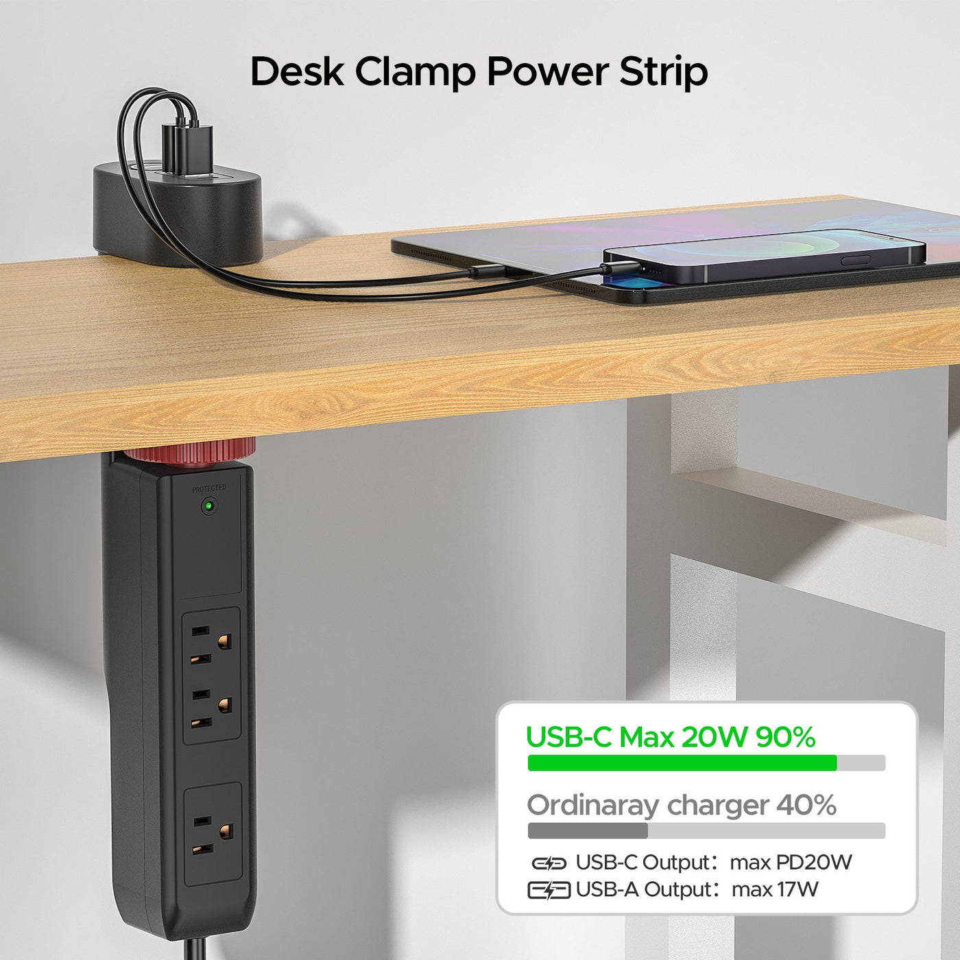 Desk Clamp Power Strip with USB-C Port, 1020J Surge Protector with 20W PD Fast Charging,3 Wide-Spaced Outlets Desktop Edge Mount Power Strip with Flat Plug, 6FT Cord, Fits Tables Up to 2 Inches by MyHackerTech