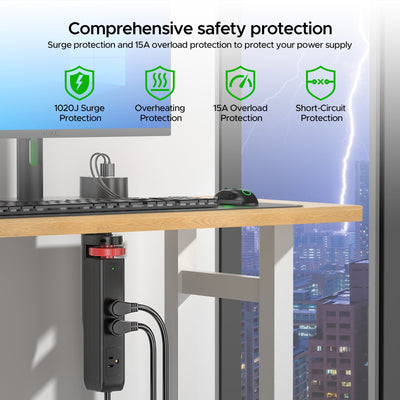 Desk Clamp Power Strip with USB-C Port, 1020J Surge Protector with 20W PD Fast Charging,3 Wide-Spaced Outlets Desktop Edge Mount Power Strip with Flat Plug, 6FT Cord, Fits Tables Up to 2 Inches by MyHackerTech