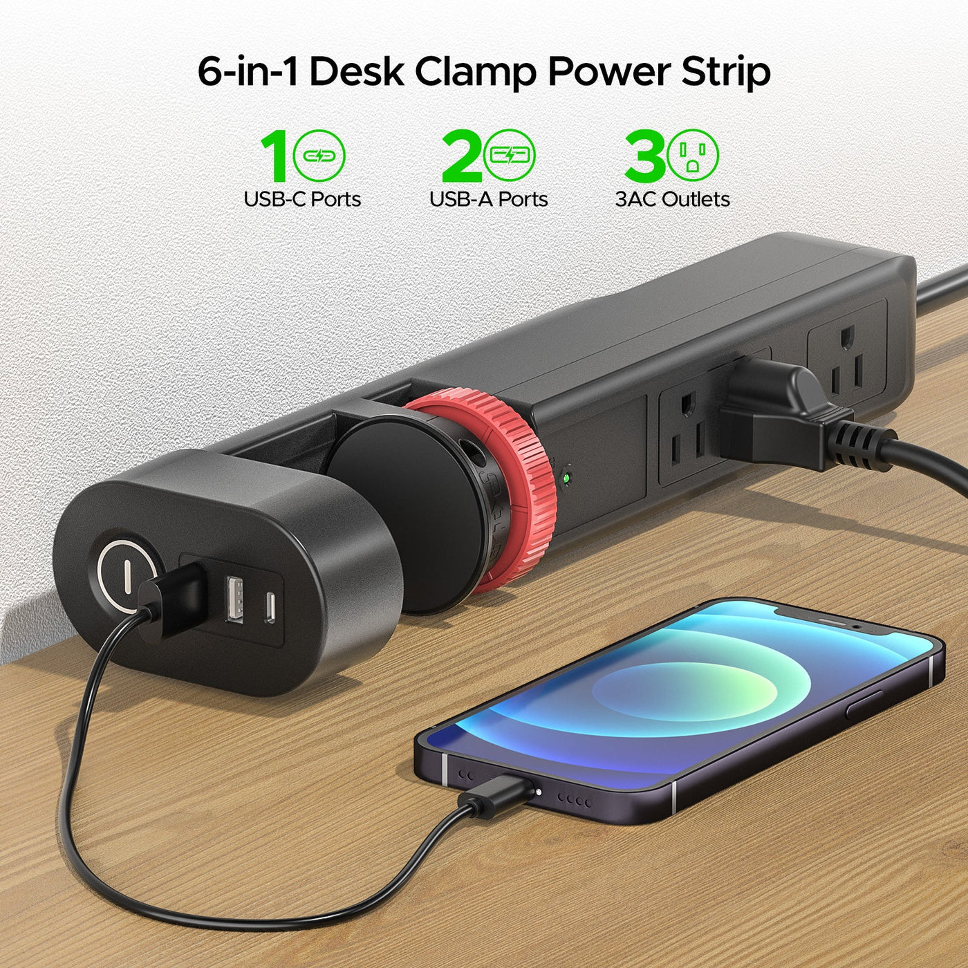 Desk Clamp Power Strip with USB-C Port, 1020J Surge Protector with 20W PD Fast Charging,3 Wide-Spaced Outlets Desktop Edge Mount Power Strip with Flat Plug, 6FT Cord, Fits Tables Up to 2 Inches by MyHackerTech