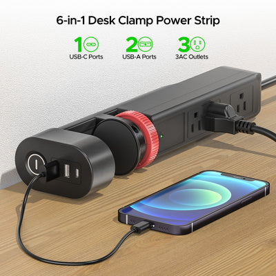 Desk Clamp Power Strip with USB-C Port, 1020J Surge Protector with 20W PD Fast Charging,3 Wide-Spaced Outlets Desktop Edge Mount Power Strip with Flat Plug, 6FT Cord, Fits Tables Up to 2 Inches by MyHackerTech