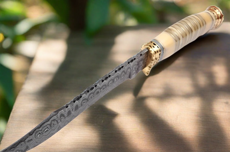 Premium Modern Bowie Knife - Damascus Steel Blade with Handmade Bone Handle and Brass Guard by MyHackerTech