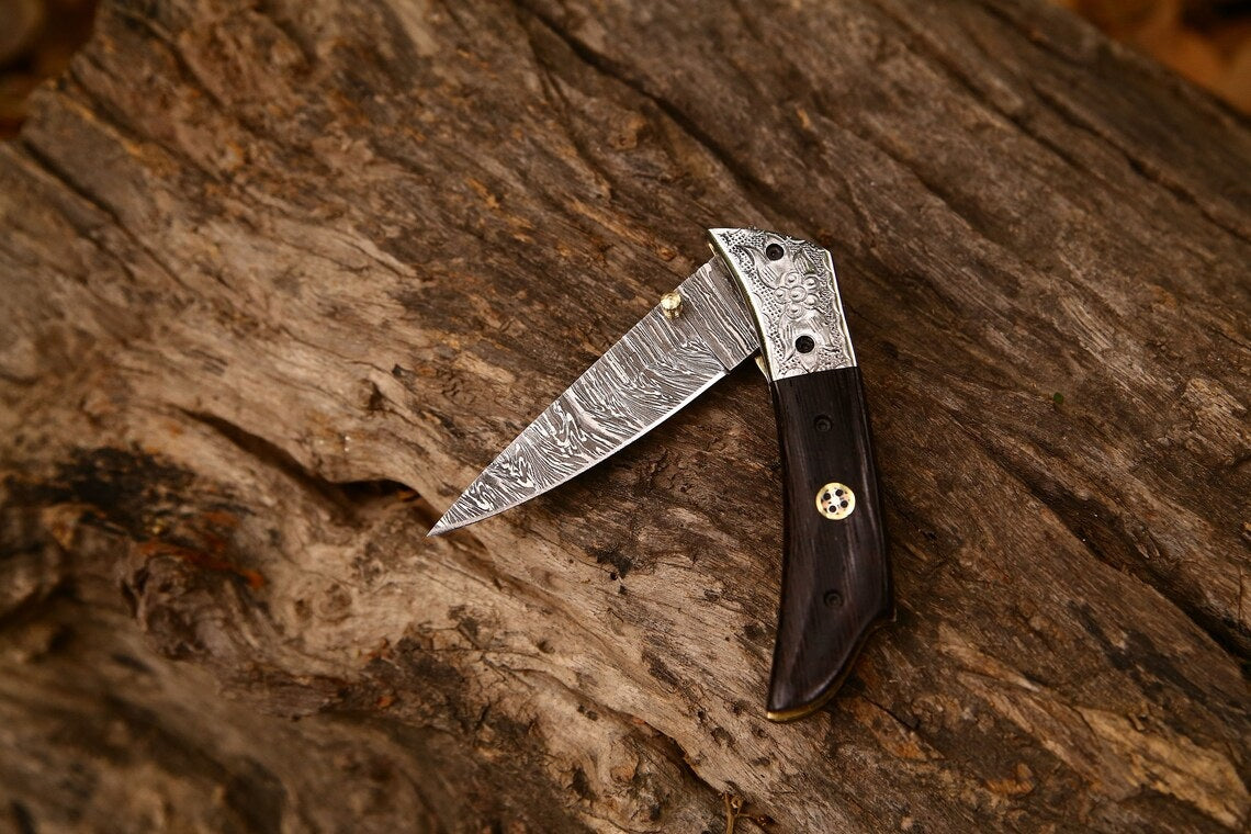 Hand Engraved Custom Damascus Steel EDC Folding Pocket Knife | 3-Inch Blade, Wenge Wood Handle, Leather Case | Anniversary Gift Idea by MyHackerTech