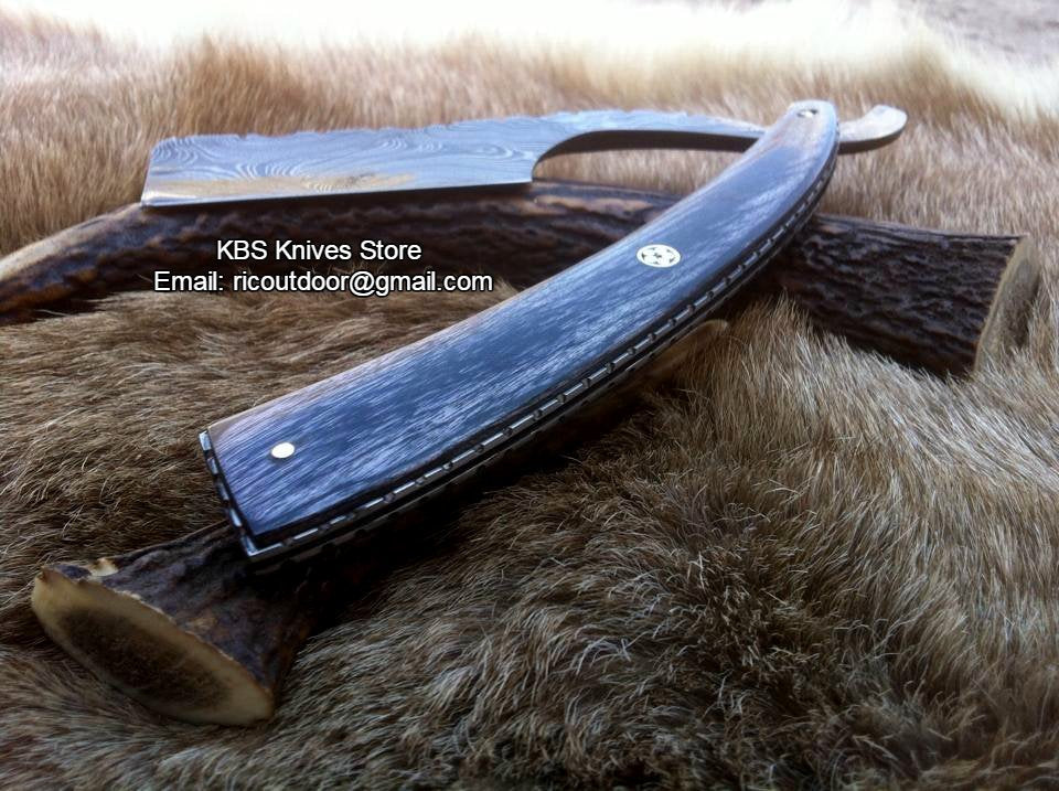 Luxury Antique Razor with Damascus Steel Blade and Exotic Pakka Wood, Brass Liner Handle - Includes Leather Case - Available Exclusively at KBS Knives Store by MyHackerTech