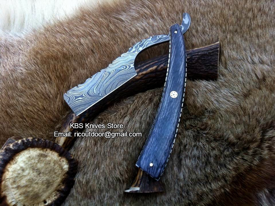 Luxury Antique Razor with Damascus Steel Blade and Exotic Pakka Wood, Brass Liner Handle - Includes Leather Case - Available Exclusively at KBS Knives Store by MyHackerTech