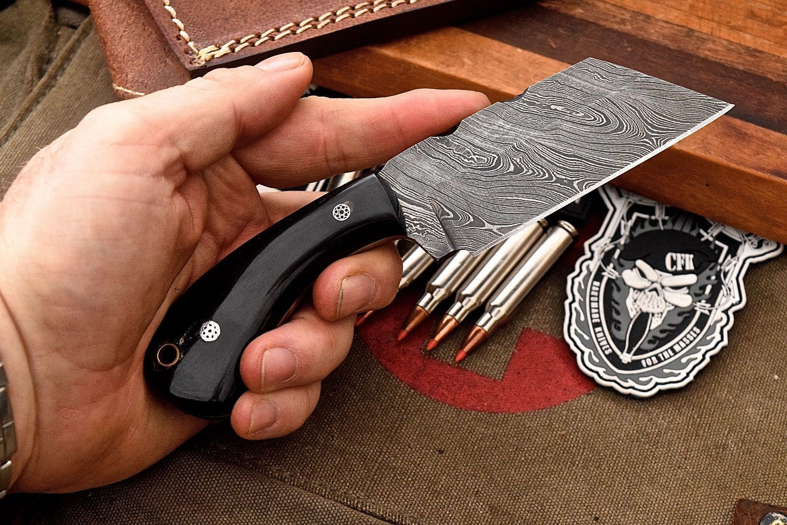 Custom Handmade Damascus Buffalo Horn Sheepsfoot Razor Hunting EDC Knife by MyHackerTech