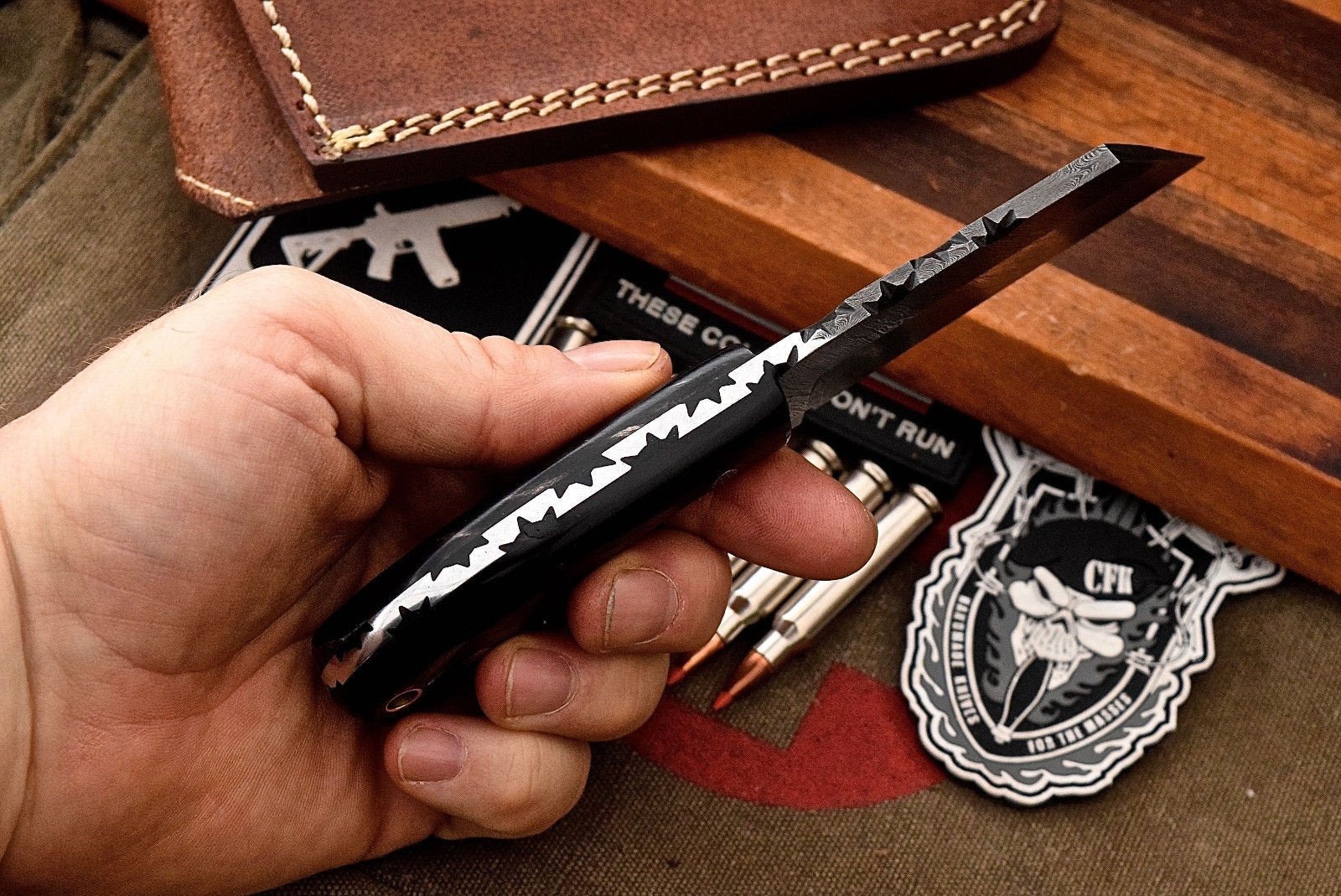 Custom Handmade Damascus Buffalo Horn Sheepsfoot Razor Hunting EDC Knife by MyHackerTech