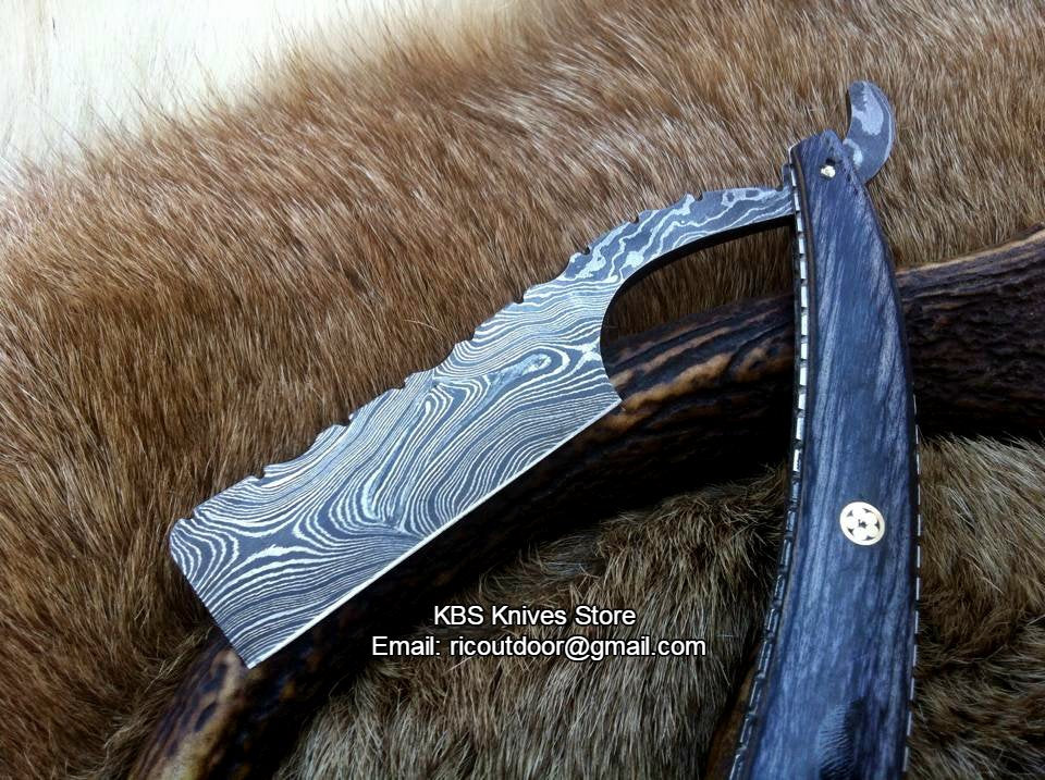 Luxury Antique Razor with Damascus Steel Blade and Exotic Pakka Wood, Brass Liner Handle - Includes Leather Case - Available Exclusively at KBS Knives Store by MyHackerTech