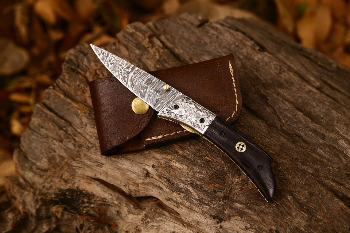 Hand Engraved Custom Damascus Steel EDC Folding Pocket Knife | 3-Inch Blade, Wenge Wood Handle, Leather Case | Anniversary Gift Idea by MyHackerTech