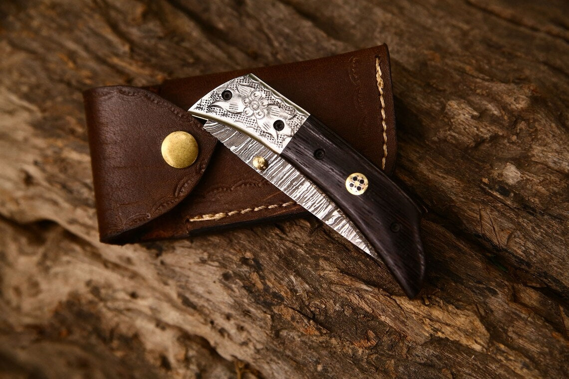 Hand Engraved Custom Damascus Steel EDC Folding Pocket Knife | 3-Inch Blade, Wenge Wood Handle, Leather Case | Anniversary Gift Idea by MyHackerTech