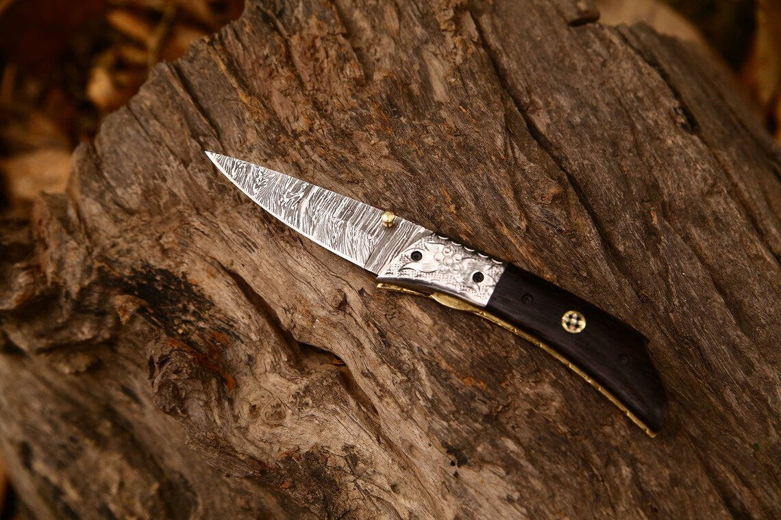 Hand Engraved Custom Damascus Steel EDC Folding Pocket Knife | 3-Inch Blade, Wenge Wood Handle, Leather Case | Anniversary Gift Idea by MyHackerTech