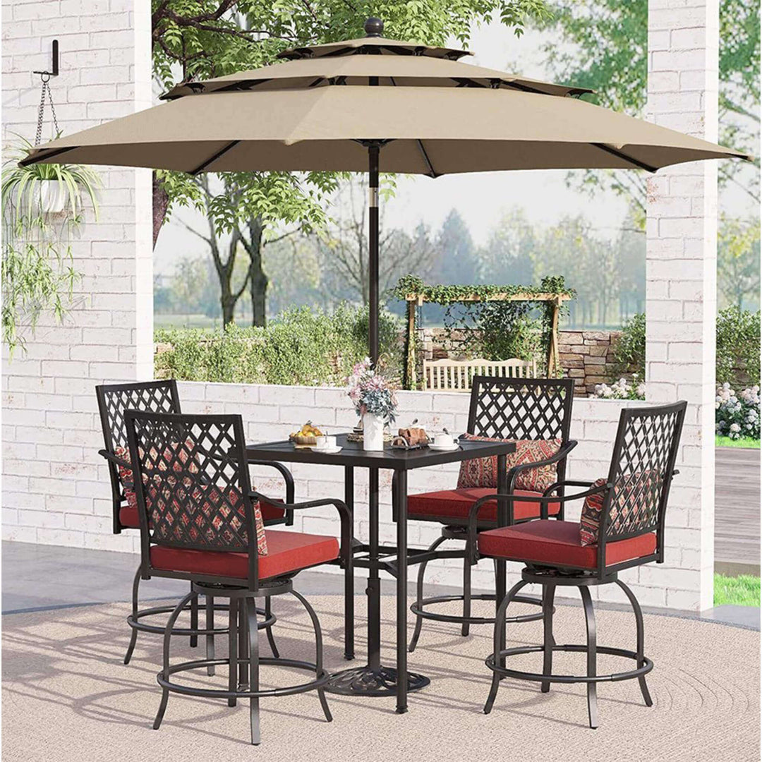 colored patio bar and umbrella sets 6PCS Outdoor Patio Bar Set Dining Table With Umbrella & Swivel Bar Stools  (SAK53218)