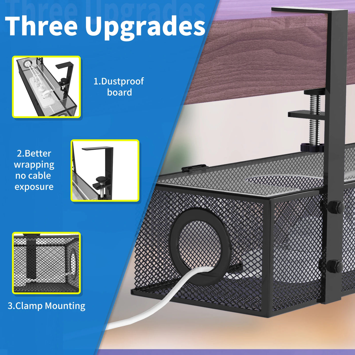 Under Desk Box Tray BLACK, 1 Pack - Wire Management & Cord Organizer, Clamp Mount