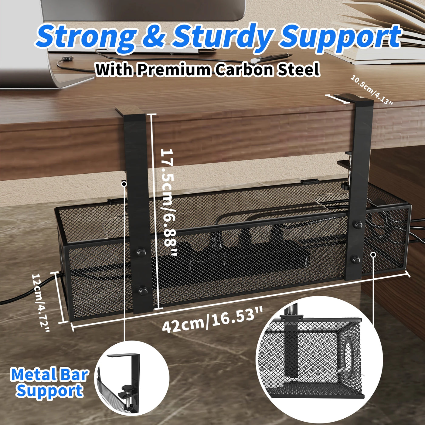 Under Desk Box Tray BLACK, 1 Pack - Wire Management & Cord Organizer, Clamp Mount