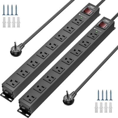 CRST 2 Pack 8 Outlet Metal Heavy Duty Power Strip 2100J Surge Protector 15A 1875W Mountable Wide Spaced Power Bar 6FT Flat Plug Extension Cord by MyHackerTech