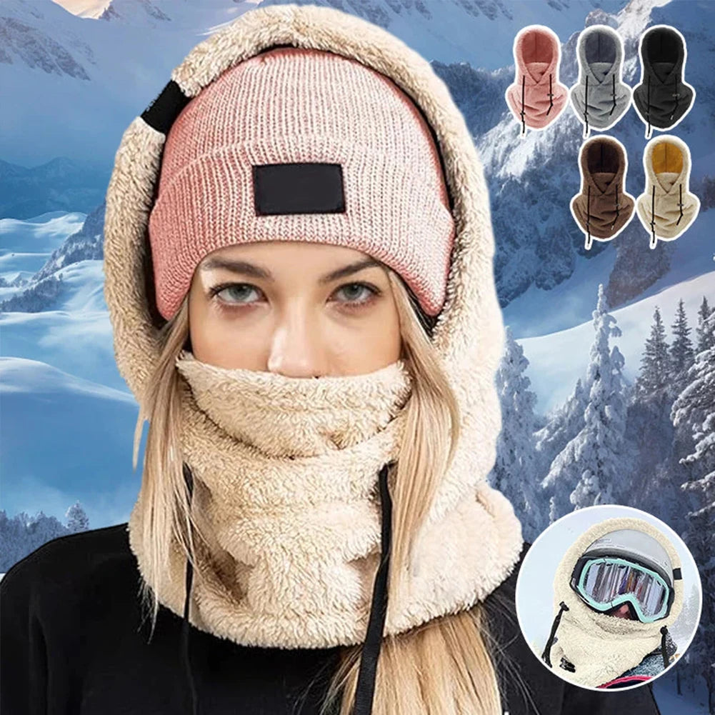 Thermal Sherpa Fleece Hood Ski Mask Winter Balaclava Cold Windproof Adjustable Women Plush Warm Hood Cover Hat Scarf Cycling Cap