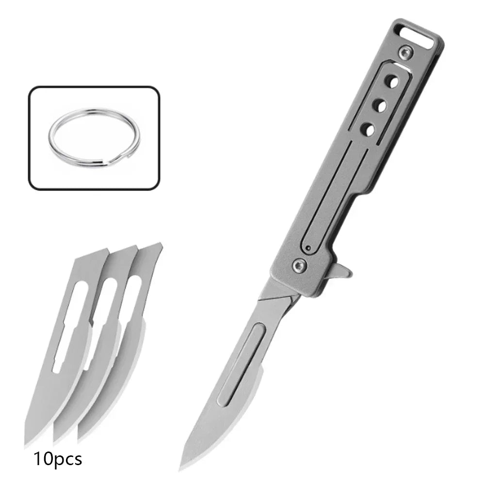 Titanium Alloy Scalpel Fast Open Folding Knife EDC Unpacking Pocket Knife Outdoor Camping Knife with 10pcs Replaceable Blades