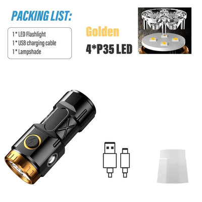 MINI Rechargeable LED Flashlight Camping Light With Side Lights and Lampshade Tail with Magnet Suitable for Exploring, Camping