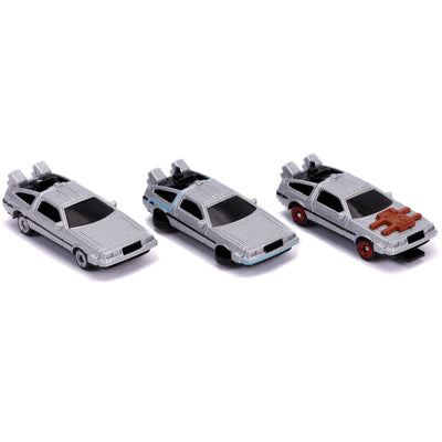 Back to the Future Trilogy die-cast 1⅔-inch Nano "Hollywood Rides" DeLorean Time Machine 3-pack by MyHackerTech