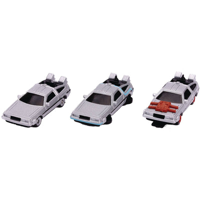 Back to the Future Trilogy die-cast 1⅔-inch Nano "Hollywood Rides" DeLorean Time Machine 3-pack by MyHackerTech