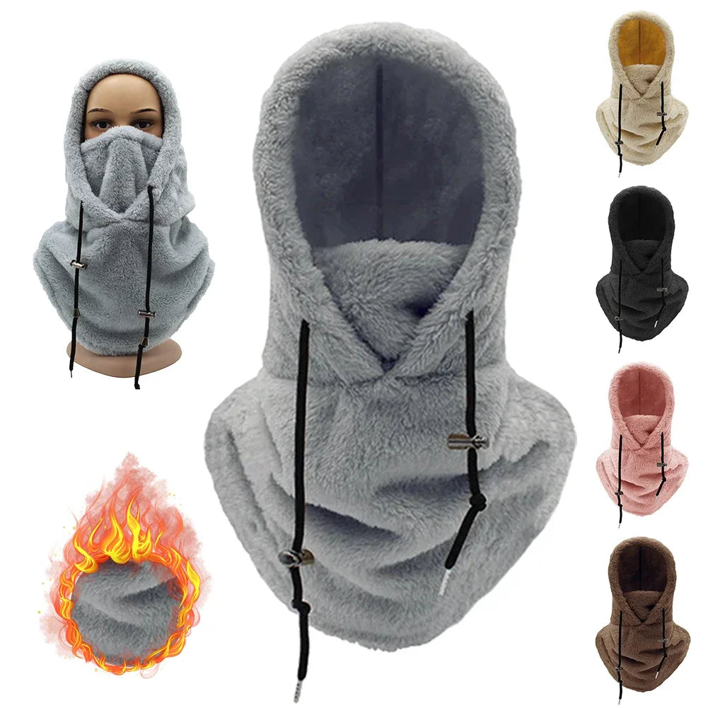 Thermal Sherpa Fleece Hood Ski Mask Winter Balaclava Cold Windproof Adjustable Women Plush Warm Hood Cover Hat Scarf Cycling Cap