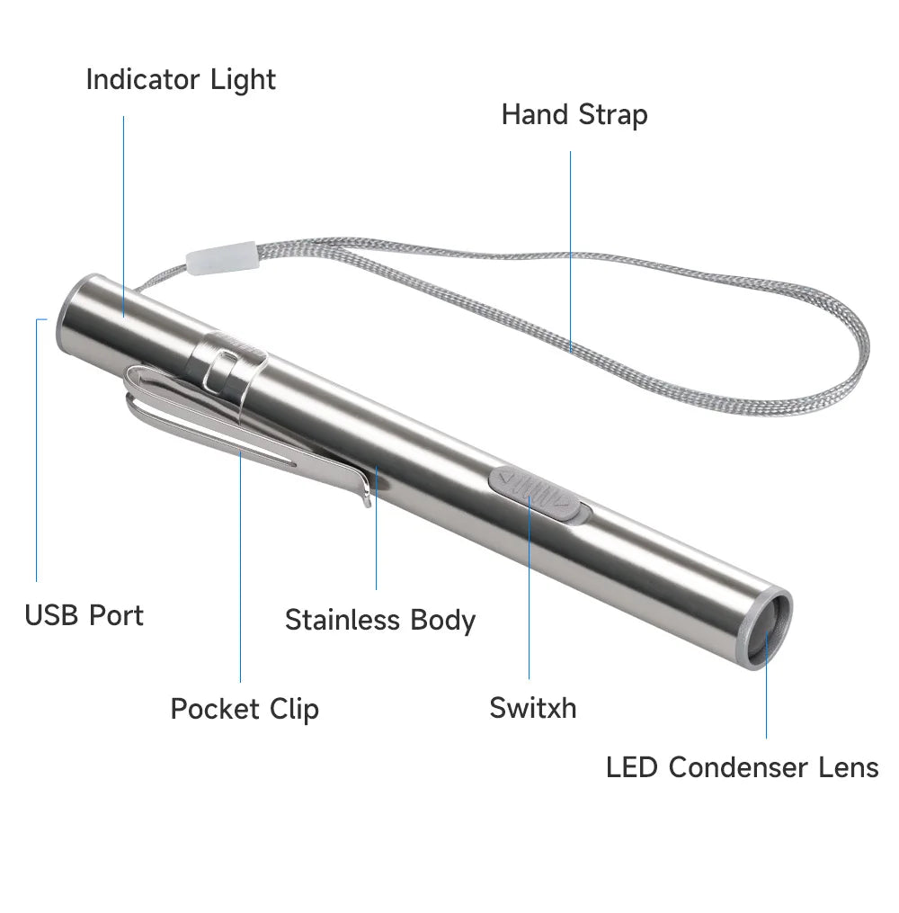 Mini Portable Medical Handy LED Pen Light Flashlight USB Rechargeable Dentist Nurse Torch with Stainless Steel Clip