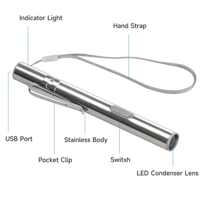 Mini Portable Medical Handy LED Pen Light Flashlight USB Rechargeable Dentist Nurse Torch with Stainless Steel Clip