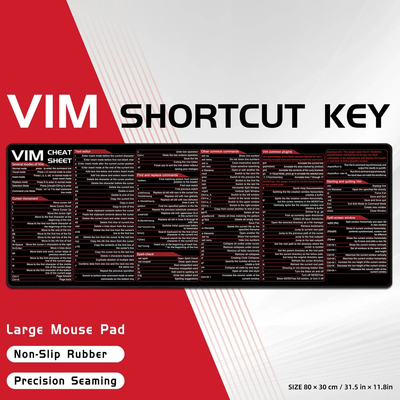 Vim Mouse Pad Large Linux Text Editor Cheat Sheet Shortcut Mousepad for Programing Engineer Non-Slip Stitched Edge Desk Mat