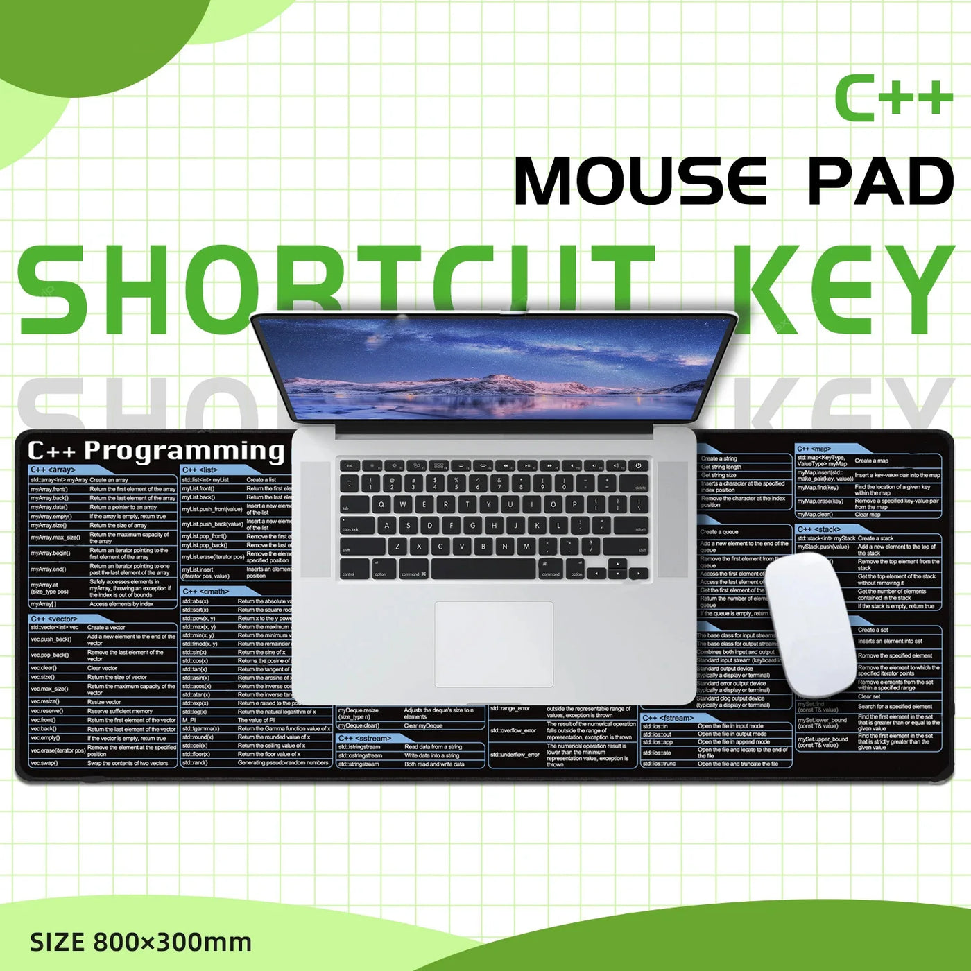 C++ Programing Mouse Pad XXL Large Shortcuts Keyboard Mousepad Cheat Sheet Desk Mat Stitched Edge Non-Slip Base for Engineer