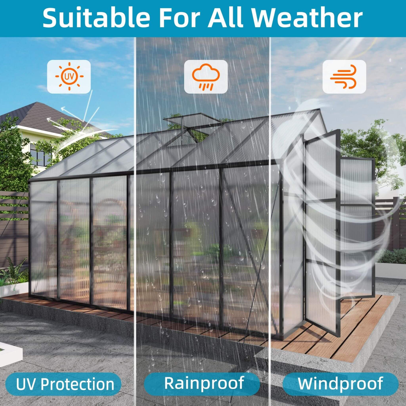 [08X12FT] All-Season Outdoor Backyard Polycarbonate Greenhouse With Raised Base And Aluminum Frame (SAK78614)