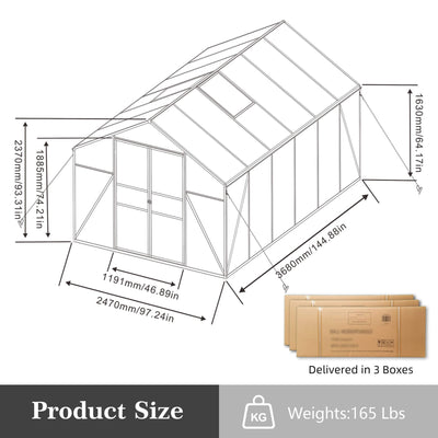 [08X12FT] All-Season Outdoor Backyard Polycarbonate Greenhouse With Raised Base And Aluminum Frame (SAK78614)