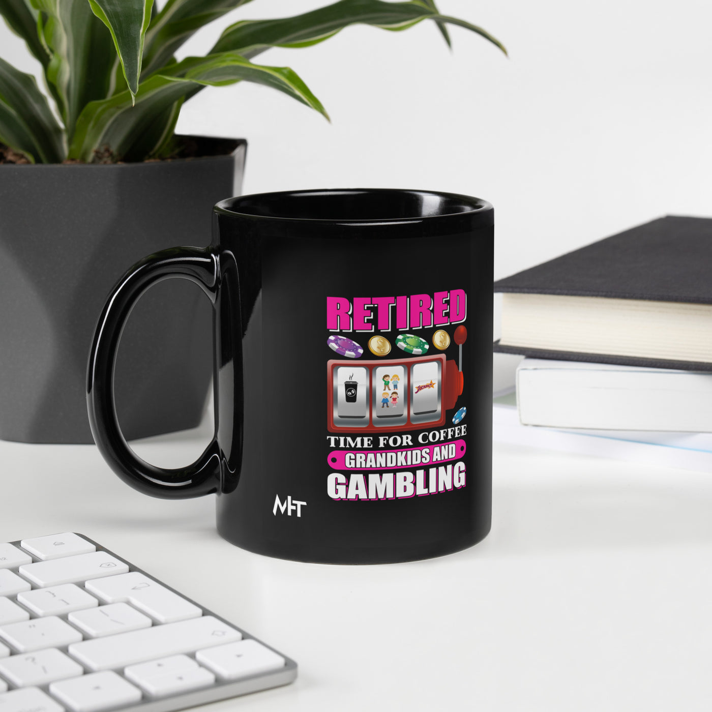Retired: Time for Coffee, Grandkids and Gambling - Black Glossy Mug