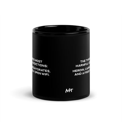 The three most harmful addictions heroin, carbohydrates and a freely open WiFi V2 - Black Glossy Mug