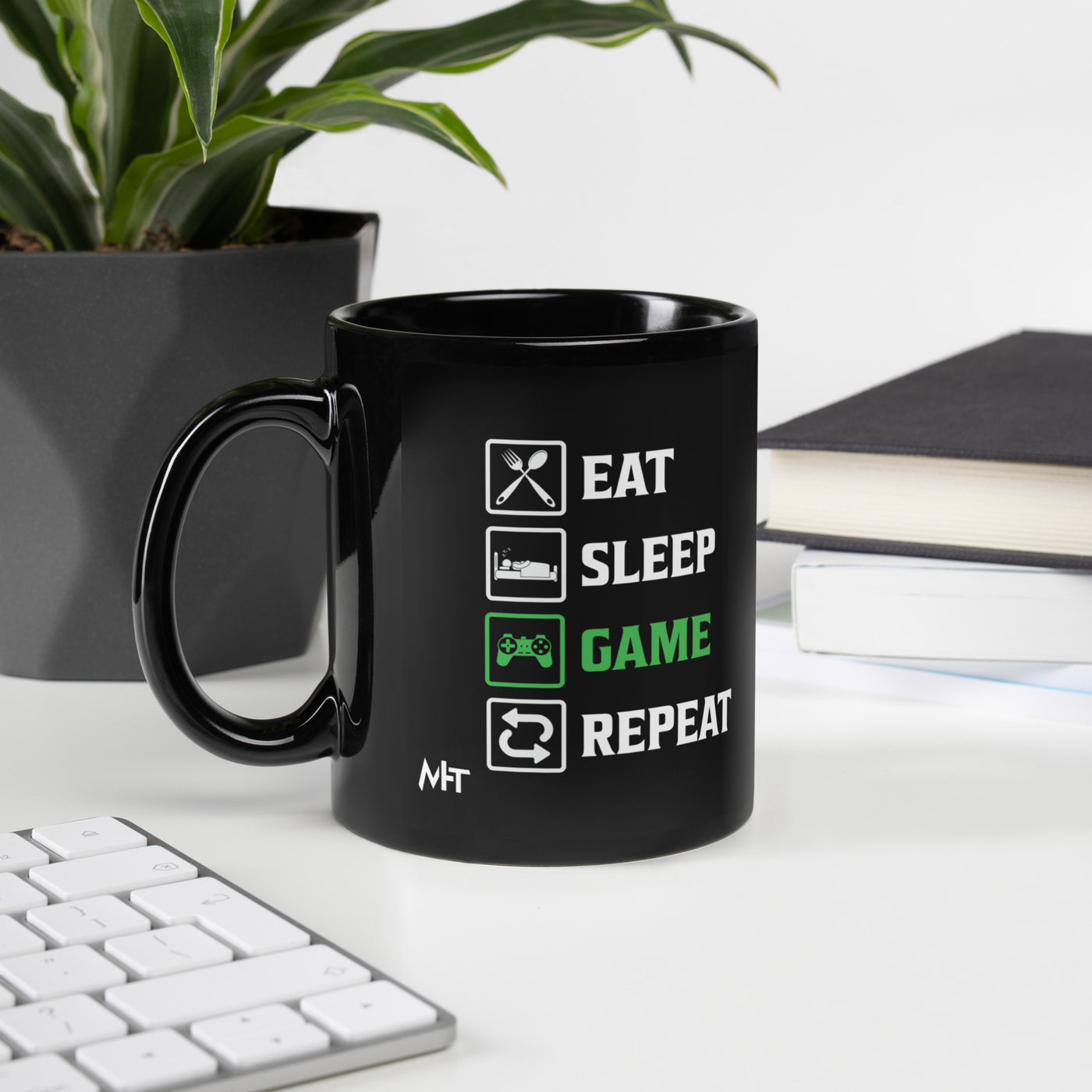 Eat, Sleep, GAME, Repeat - Black Glossy Mug