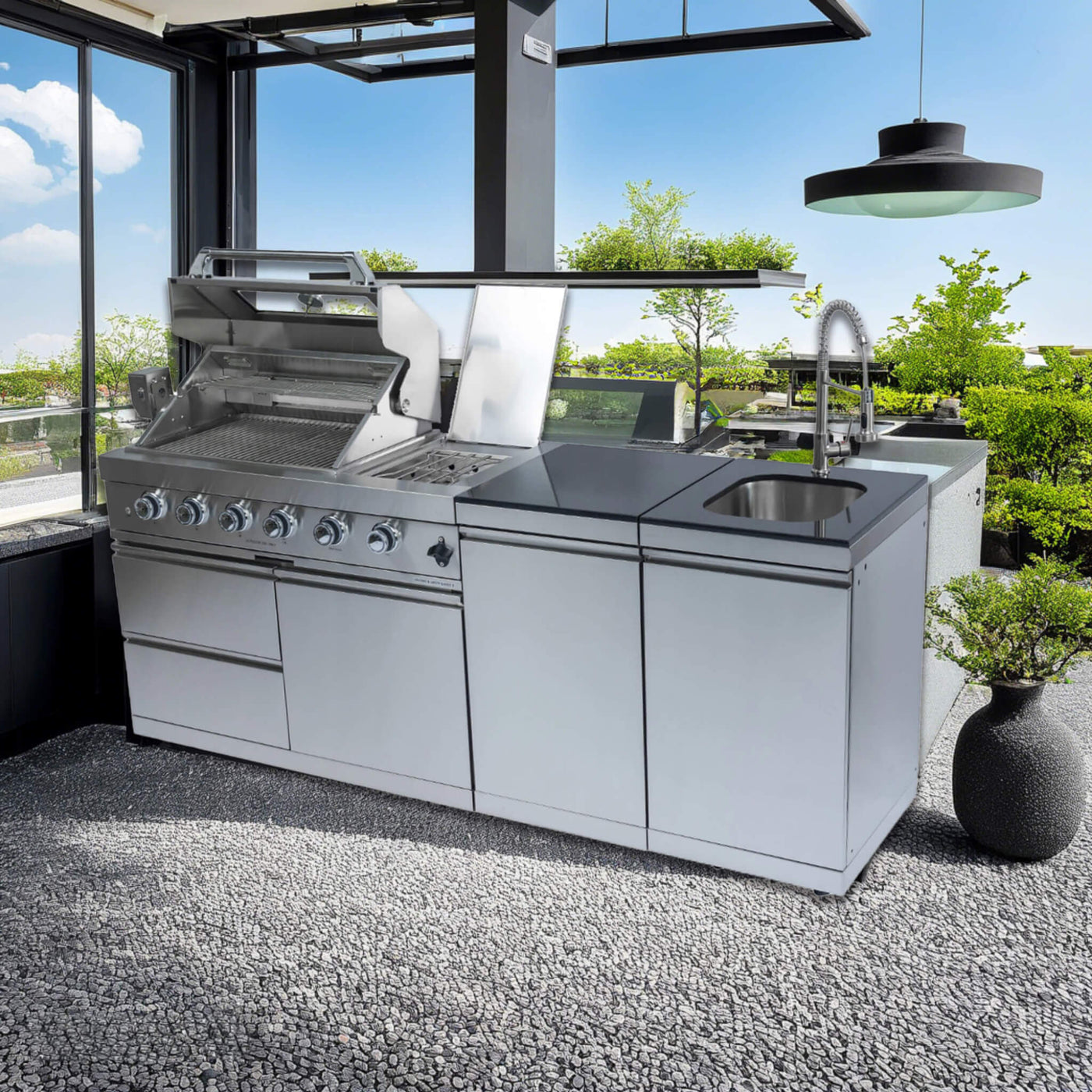 Castelle Flame Stainless Steel Outdoor BBQ Kitchen Island With 46-Inch 4-Burner 85K BTU Grill, Rotisserie Kit, And Cabinets (SAK93192)