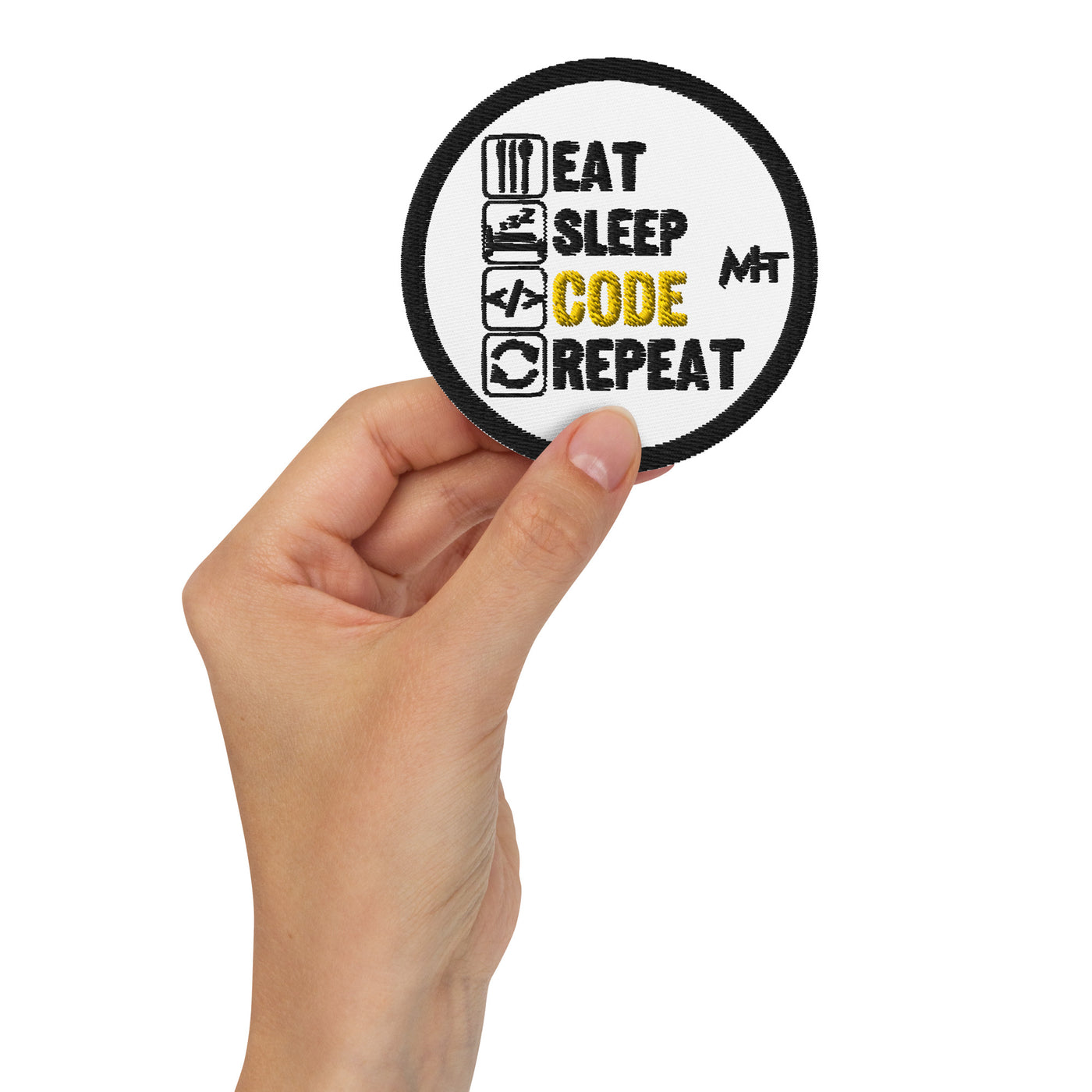 Eat Sleep Code Repeat ( Yellow Text ) - Embroidered patches
