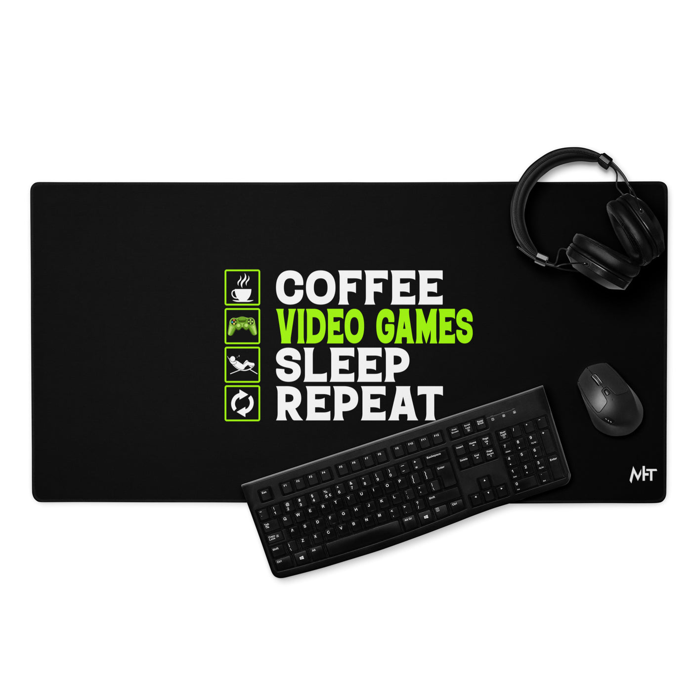 Coffee, Video Games, Sleep, Repeat Desk Mat