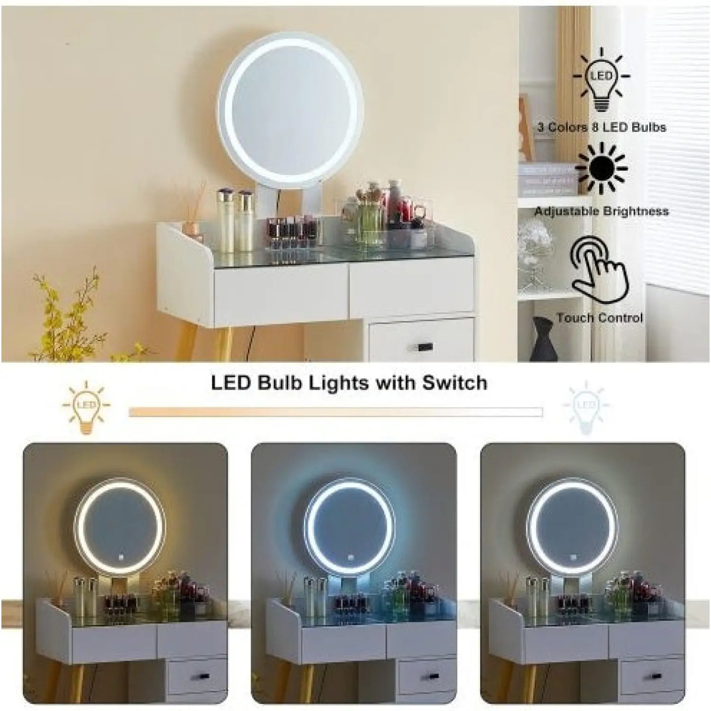 LED Light on Mirror Dressing Table with 5 Drawers & Glass Top by ...