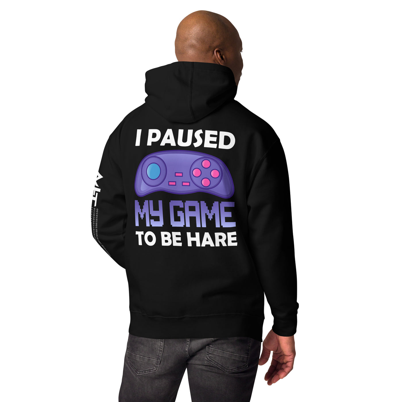 I Paused my Game to Be here (purple text ) - Unisex Hoodie ( Back Print )