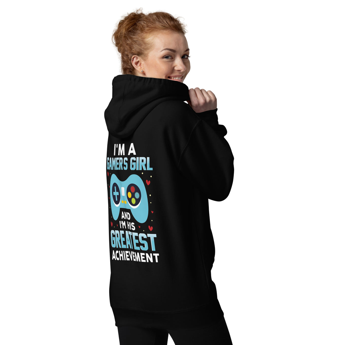I am a Gamer's Girl, I am his Greatest Achievement (turquoise text ) - Unisex Hoodie ( Back Print )