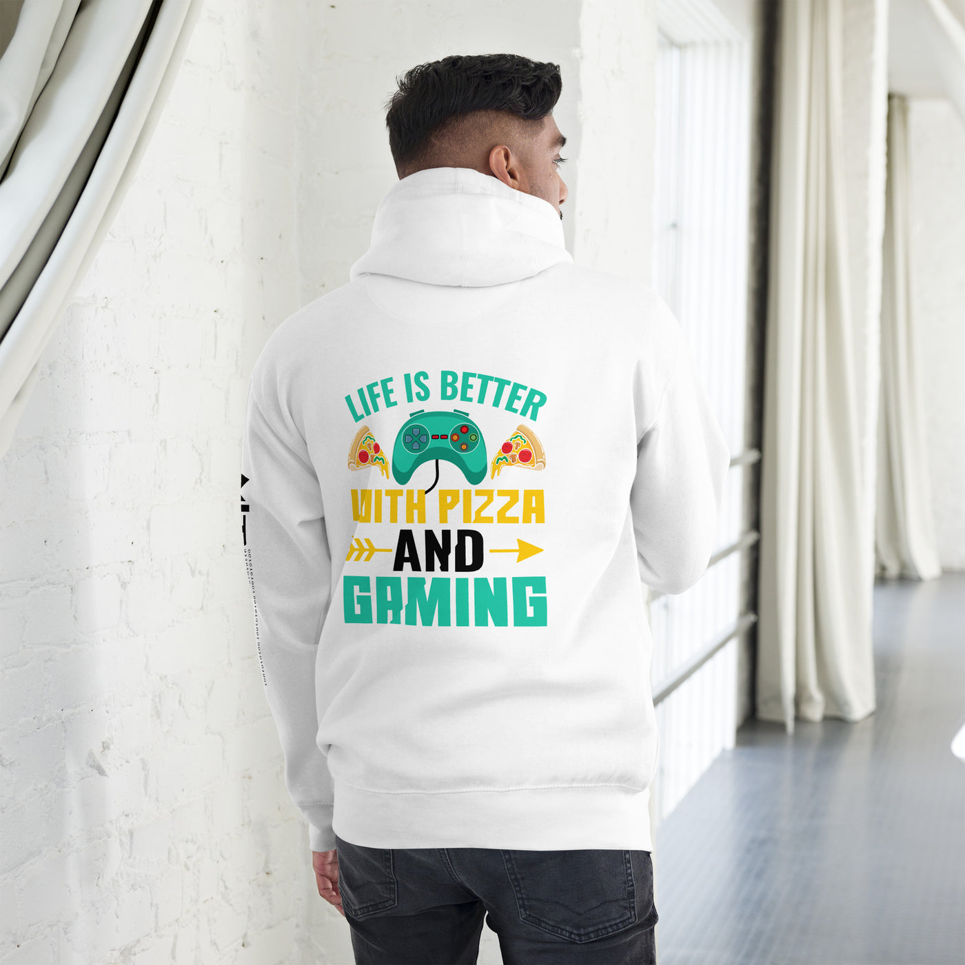Life is Better With Pizza and Gaming Rima 14 in Dark Text - Unisex Hoodie ( Back Print )