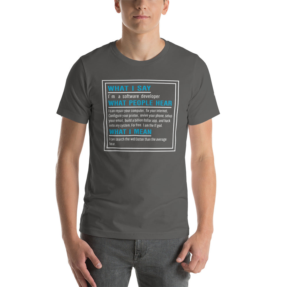 What I say, What people hear, What I mean Unisex t-shirt
