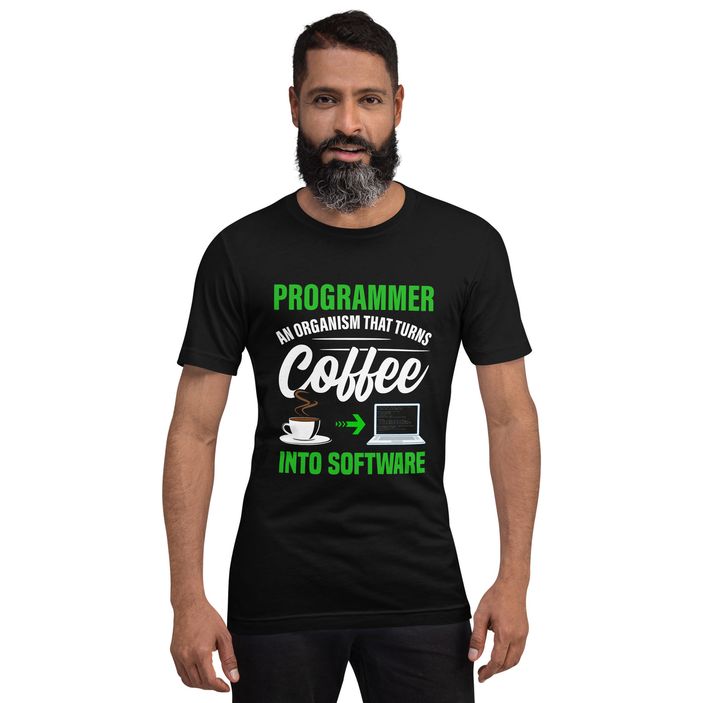 Programmer is an Organism that turns Coffee into Code ( Green Text ) - Unisex t-shirt