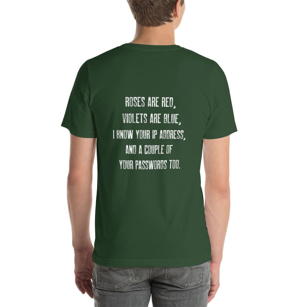 Roses are red, I know your IP and Passwords - Unisex t-shirt ( Back Print )