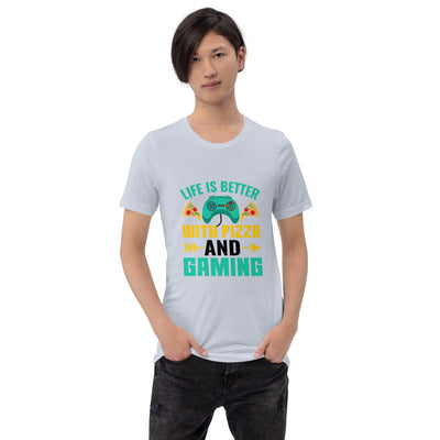 Life is Better With Pizza and Gaming Rima 14 in Dark Text - Unisex t-shirt