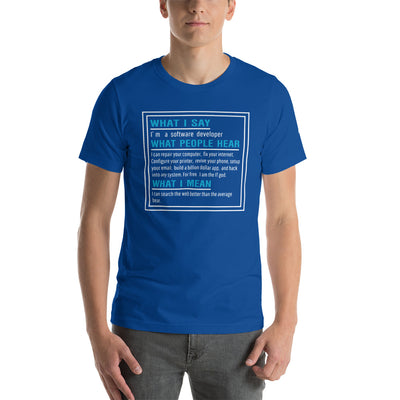 What I say, What people hear, What I mean Unisex t-shirt